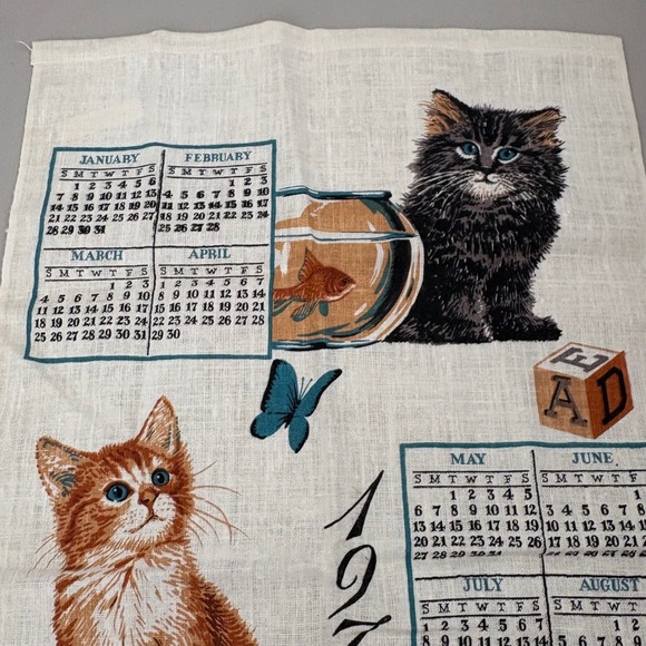 VTG 1979 Kay Dee Calendar Tea Towel Linen Kittens Mice Butterfly Fish Bowl - Picture 5 of 9
